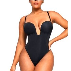 NWT Shapellx BOOT-YEAH™ MeshSmooth™ Deep Plunge Low-Back Thong Bodysuit Black 3X